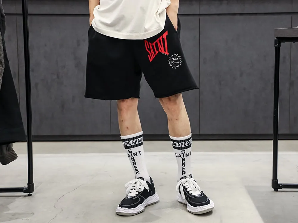 SAINT Mxxxxxx 'SAINT' SWEAT SHORTS/GRY/BLK embroidered SAINT LOGO basic shorts, distressed gray/washed black S-XL, four needles and six threads throughout, produced by a major domestic factory, imported Tajima machine embroidery, washed and distressed, original version